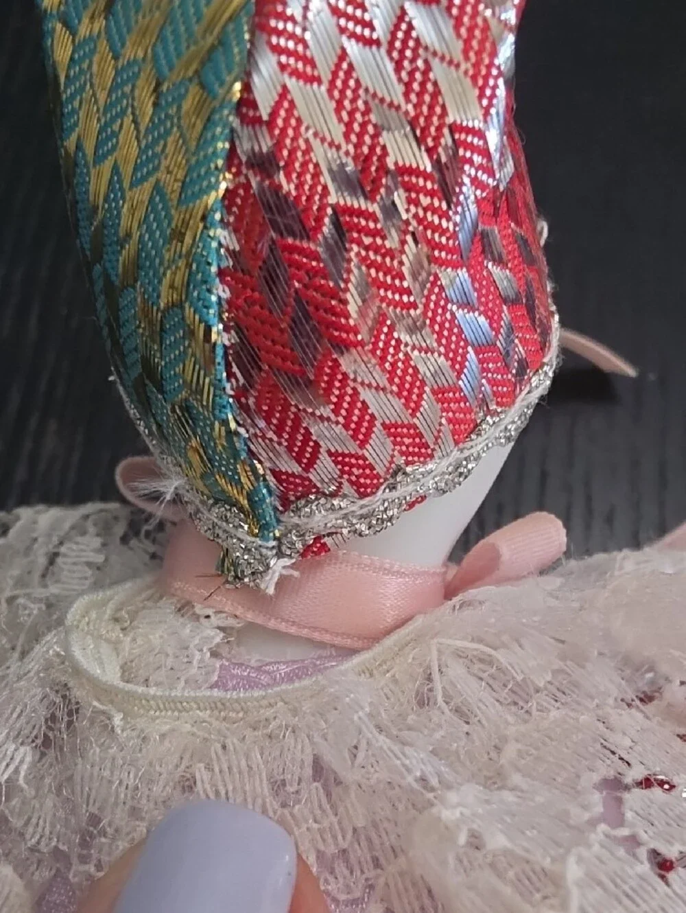 Porcelain Clown Doll in Pink, Green and Gold Harlequin Costume